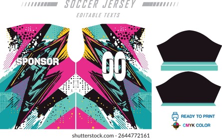Modern sports jersey design with dynamic colors and geometric patterns, perfect for soccer, cycling, or activewear. A sleek and energetic look ideal for teams or personal sports apparel