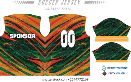 Modern sports jersey design with dynamic colors and geometric patterns, perfect for soccer, cycling, or activewear. A sleek and energetic look ideal for teams or personal sports apparel