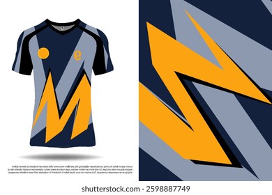 Modern sports jersey design featuring dynamic angular patterns in navy blue, gray, and orange. Abstract lightning bolt-inspired graphics create an energetic and stylish look