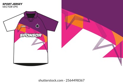 Modern sports jersey design with a vibrant purple, pink, and orange abstract pattern. Features a sleek layout for sponsor and logo placement. Ideal for soccer, football, or custom team apparel.