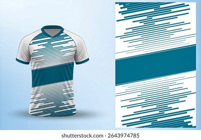 Modern sports jersey or t-shirt design template featuring dynamic horizontal lines and a bold color block in a vibrant teal and white palette, ideal for athletic apparel, team uniforms, or activewear.