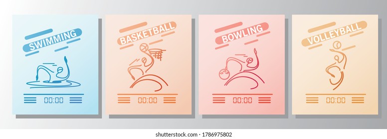 Modern sports set of posters. Swimming basketball bowling and volleyball 