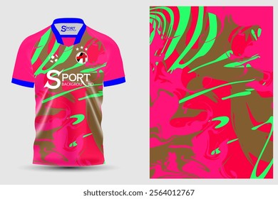 A modern sports shirt with a bright pink main color tone. It has a variety of graphic patterns, including green and brown, making it look interesting and lively.