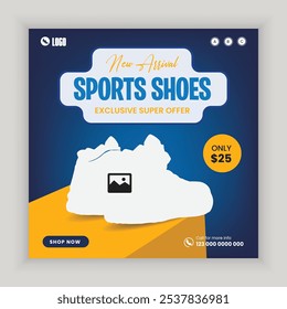 Modern sports shoes, best-selling walking shoes, and new arrival men's shoes social media post design, web banner design template