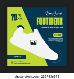 Modern sports shoes, best-selling walking shoes, and new arrival men's shoes social media post design, web banner design template