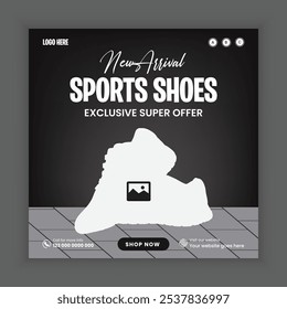 Modern sports shoes, best-selling walking shoes, and new arrival men's shoes social media post design, web banner design template