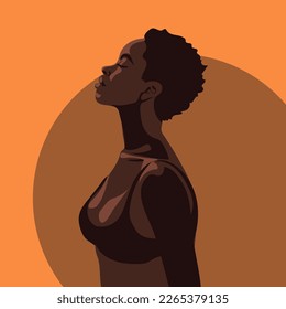 Modern sporty African woman in profile with an open body. A curly-haired African-American woman looks away on an orange background. Vector illustration of a beautiful strong woman.