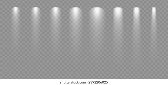 Modern spotlight ray studio png scene. Transparent lamp beam cinema effect. Club empty stage glow. Projector festive vector illustration.