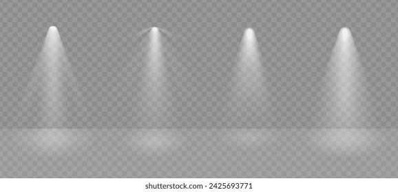 Modern spotlight ray studio png scene. Transparent lamp beam cinema effect. Club empty stage glow. Projector festive vector illustration.