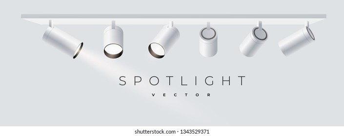 Modern spotlights realistic transparent background for show contest or interview. Minimalistic lamp in grey color. Monochrome. Isolated. vector illustration eps 10
