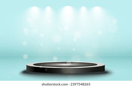 Modern spotlights shine on a podium. A spotlight shines on a place. A round podium, pedestal or platform.