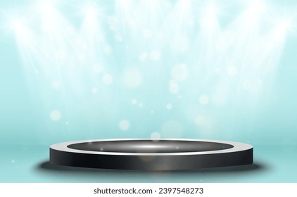 Modern spotlights shine on a podium. A spotlight shines on a place. A round podium, pedestal or platform.