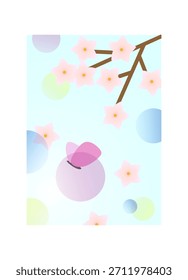 Un fondo de primavera moderno con una rama de sakura floreciente y una mariposa en un fondo degradado azul claro con círculos. Postal, Anuncio, cartel