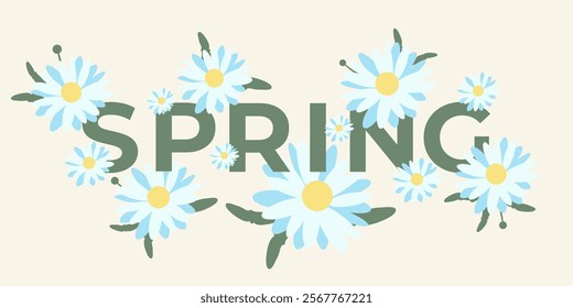 Modern Spring Background with Chamomile in Flat Style. Template is suitable for Banner, Weddings, Birthday, Invitations, Mother's and Women's Day, March 8, Easter, Web Covers, Presentations, Sale.