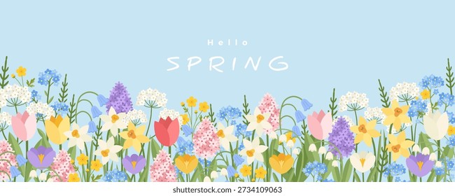 Modern Spring  banner, greeting card, cover, poster with tulip, daffodil, crocus, hyacinth, bluebell, daisy, lily of the valley, forget me not flowers. Floral art template for sale, Womens Day, Mothers Day, Easter, birthday.