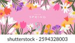 Modern Spring card, banner, cover, poster with hand drawn flowers on pink background for Womens Day, Mothers Day, birthday, Easter.Tulips, daisies, daffodils, crocuses. Floral designe template