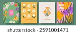 Modern Spring greeting card, banner or poster set with hand drawn flowers for Womens Day, Mothers Day, birthday, Easter. tulips, daisies, daffodils, crocuses. Floral designe template