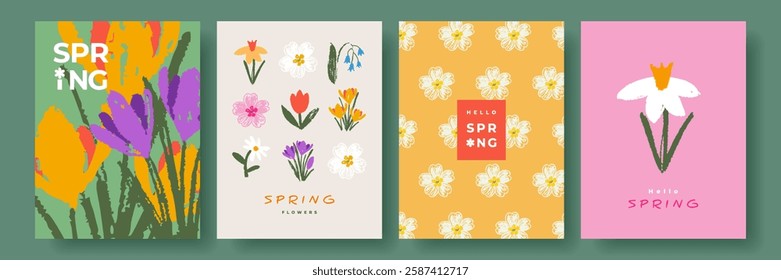 Modern Spring greeting card, banner or poster set with hand drawn flowers for Womens Day, Mothers Day, birthday, Easter. tulips, daisies, daffodils, crocuses. Floral designe template