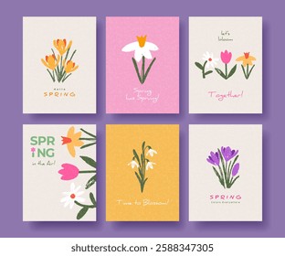 Modern Spring greeting card, banner or poster set with hand drawn flowers for Womens Day, Mothers Day, birthday, Easter. Tulips, daisies, daffodils, crocuses. Floral designe template