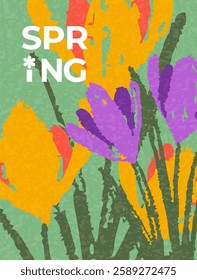 Modern Spring greeting card, banner, poster, cover with hand drawn crocuses flower for Womens Day, Mothers Day, birthday, Easter. Floral designe template