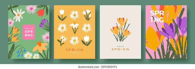 Modern Spring greeting card, banner or poster set with hand drawn flowers for Womens Day, Mothers Day, birthday, Easter. tulips, daisies, daffodils, crocuses. Floral designe template