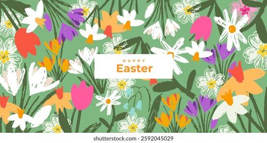Modern Spring greeting card, banner or vertical poster with hand drawn flowers for Womens Day, Mothers Day, birthday, Easter. Tulips, daisies, daffodils, crocuses. Floral designe template