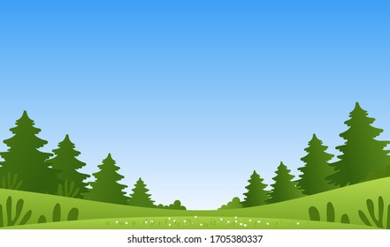 Moderno prado primaveral con hierba verde y flores silvestres. Afiche con paisaje de verano, bosque de coníferas, cielo azul con nubes. Ilustración vectorial simple