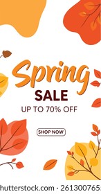 Modern Spring Sale advertisement featuring a clean white background with abstract, organic shapes and stylized autumn leaves in warm orange, yellow, red, and green tones