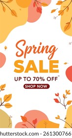 Modern Spring Sale advertisement featuring a clean white background with abstract, organic shapes and stylized autumn leaves in warm orange, yellow, red, and green tones