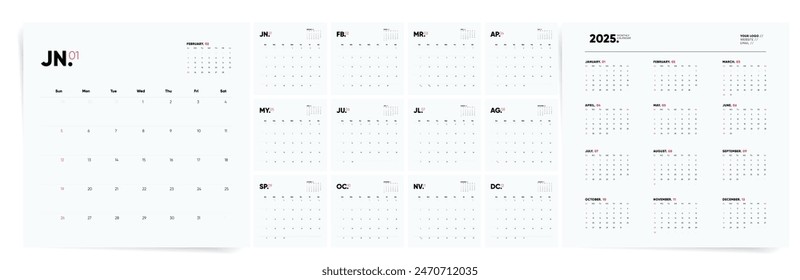 Modern Square 2025 Calendar Template. Week starts Sunday. Minimal Business Design Office Set of Calendar Pages Templates for 2025 year.