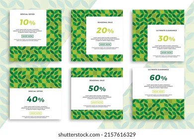 Modern square advertising web banner templates with geometric pattern. Elegant sale and discount promo backgrounds for social media in natural green colors. Clean and simple vector editable background