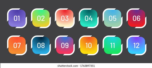 Modern square bullet points set 1 to 12. Colorful gradient web icons template.