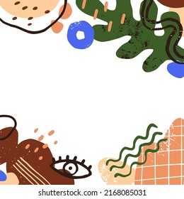 Moderno fondo de tarjeta cuadrada con elementos creativos de moda, hoja, ojo, cuadrícula. Diseño de post minimalista con formas de doodle aleatorias, golpes, manchas, olas. Ilustración vectorial gráfica plana de color