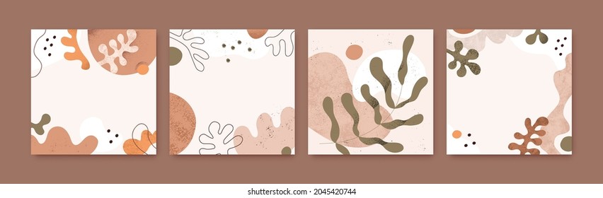 Modern square cards with abstract geometric shapes and background for text. Set of designs with trendy leaf, random doodle fluid blots, blobs, splatters and splashes. Flat textured vector illustration