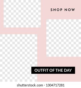 Modern square design template with geometric shapes, placeholder for photos and text. Trendy and stylish vector illustration, social media post, newsletter, brochure design in white, pink and black.