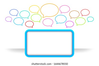 modern square frame blue and speech bubble colorful many, speech bubble icon and square frame for copy space text, communication social talk concept, dialog box empty for think or speak graphic sign