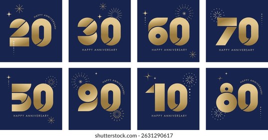 Moderno quadrado de ouro e azul escuro cartões de celebração de aniversário. Design vetorial minimalista com faíscas e fogos de artifício.