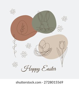 Projeto de cartão de saudação quadrado moderno com desenho à mão de linha arte de um coelho, ninho de pássaro com ovos, e tulipa flor sobre terracota formas orgânicas em estilo boho.