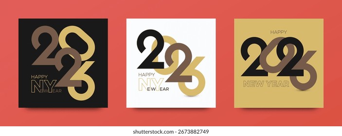 Diseño cuadrado moderno para el feliz año Nuevo 2026 con tipografía superpuesta en elegantes tonos negros, dorados y blancos. Perfecto para publicaciones en redes sociales, Anuncios y tarjetas de felicitación