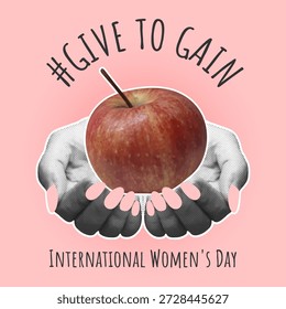 Una postal cuadrada moderna para el 8 de marzo refleja la filosofía de Dar para Ganar a través de un collage de manos semitonadas que sostienen una manzana, una Imagen de generosidad, reciprocidad y crecimiento compartido. La tarjeta de la campaña de 2026, "Give to Receive", presenta una elegante composición visual que transmite la idea de ​​reciprocidad, cuidado y el valor de dar. Enfatiza la idea de que la atención genuina, la Asistencia y la amabilidad mostrada a los demás se devuelven con inspiración, calidez y gratitud.
