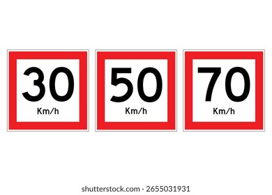 sinal de limite de velocidade quadrado moderno definido com 30, 50 e 70 valores. design limpo para a regulação de tráfego e uso de segurança rodoviária. ideal para mapas digitais, aplicativos de transporte e pacotes vetoriais de rodovias.