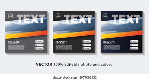 Modern square web banners collection with orange, grey and dark blue theme and diagonal lines shapes. Vector template for digital marketing and advertising. Set of editable social media post banners.