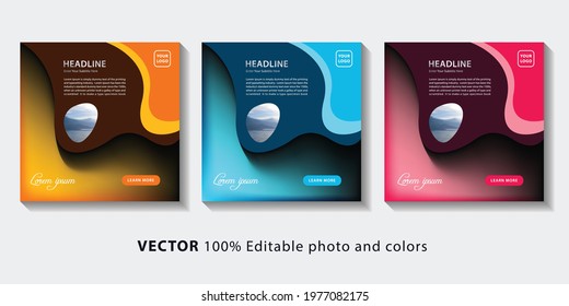 Modern square web banners collection with yellow, blue and pink theme and abstract paper cut shapes. Vector template for digital marketing and advertising. Set of editable social media post banners.