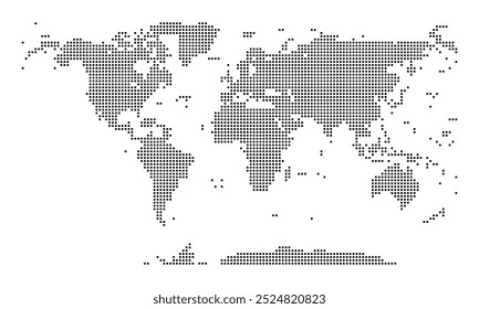 Ein modernes quadratisches gepunktetes Weltkarten-Vektordesign in einem einfachen quadratischen gepunkteten globalen Karten-Silhouettenmuster, das Kontinente, Länder und Verbindungen zeigt. mit einem geometrischen Vektorstil.