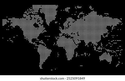 Un moderno diseño de Vector de mapa del mundo con puntos cuadrados en un simple patrón de silueta de mapa global con puntos cuadrados que muestra continentes, países y conexiones. con un estilo de Vector geométrico.