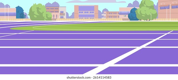 Modern stadium with running tracks. No people flat vector illustration