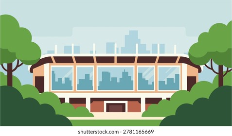 Modern stadium seating area with large windows and green surroundings