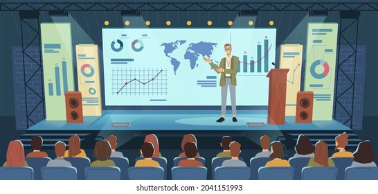 Modern stage, big screen, conference speaker and audience flat cartoon background. Vector lecture making presentation with graphs and charts, auditorium people on seminar, business meeting, politician