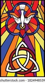 Modern stained glass illustrated rectangular vertical panel with dove and trinity knot in multiple geometric shaped colors. Christian art design. Illustrator eps vector graphic.