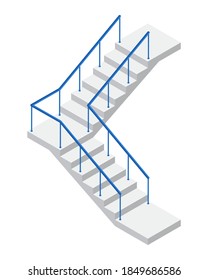 Moderne Treppe mit blauem Metallgeländer und flach abbiegen. Betontreppe aus Vektorgrafik einzeln auf weißem Hintergrund. Industrieflieger von Treppen Symbol in isometrischer Ansicht. Moderne Treppe mit